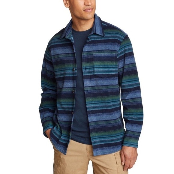 Eddie Bauer Men's XXL Striped Fast Fleece Button Down Shirt Jacket Flannel Blue - Picture 1 of 6